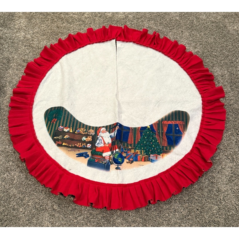 Vintage Christmas Tree Skirt Santa Toys 44" SANTA'S BEST Felt White Red
